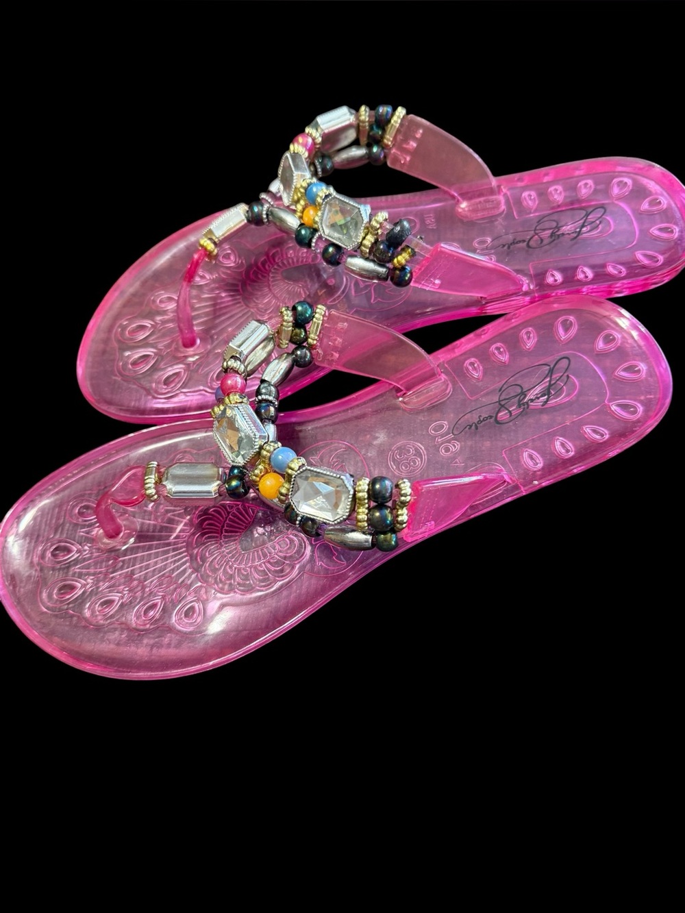 Lovely People Pink Jelly Sandals 38 Jeweled Beaded Peacock Boho Y2K Thong Shoes